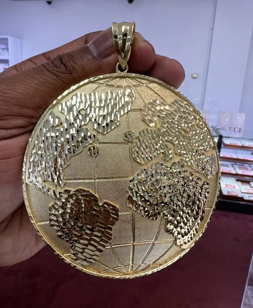 10k Yellow Gold Diamond Cut Round Globe Planet Earth World Map Pendant, Medallion Charm Pendant Globe World Pendant, Round Pendant 58.9 Gram
