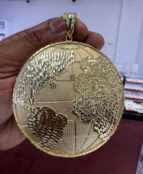 10k Yellow Gold Diamond Cut Round Globe Planet Earth World Map Pendant, Medallion Charm Pendant Globe World Pendant, Round Pendant 58.9 Gram