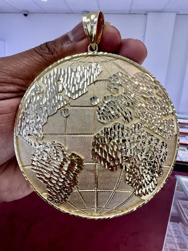 10k Yellow Gold Diamond Cut Round Globe Planet Earth World Map Pendant, Medallion Charm Pendant Globe World Pendant, Round Pendant 58.9 Gram