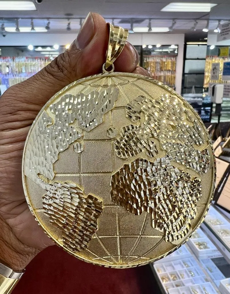 10k Yellow Gold Diamond Cut Round Globe Planet Earth World Map Pendant, Medallion Charm Pendant Globe World Pendant, Round Pendant 58.9 Gram
