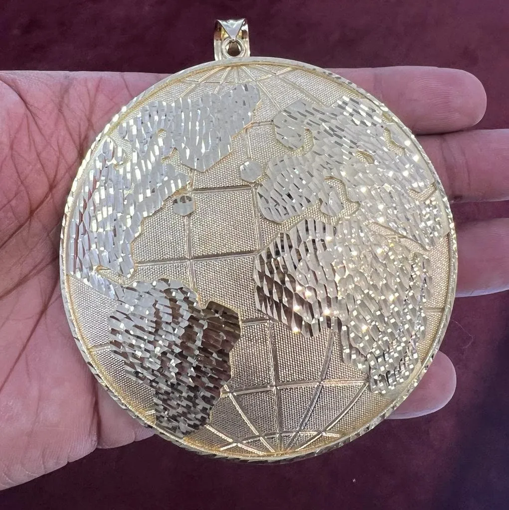 10k Yellow Gold Diamond Cut Round Globe Planet Earth World Map Pendant, Medallion Charm Pendant Globe World Pendant, Round Pendant 58.9 Gram