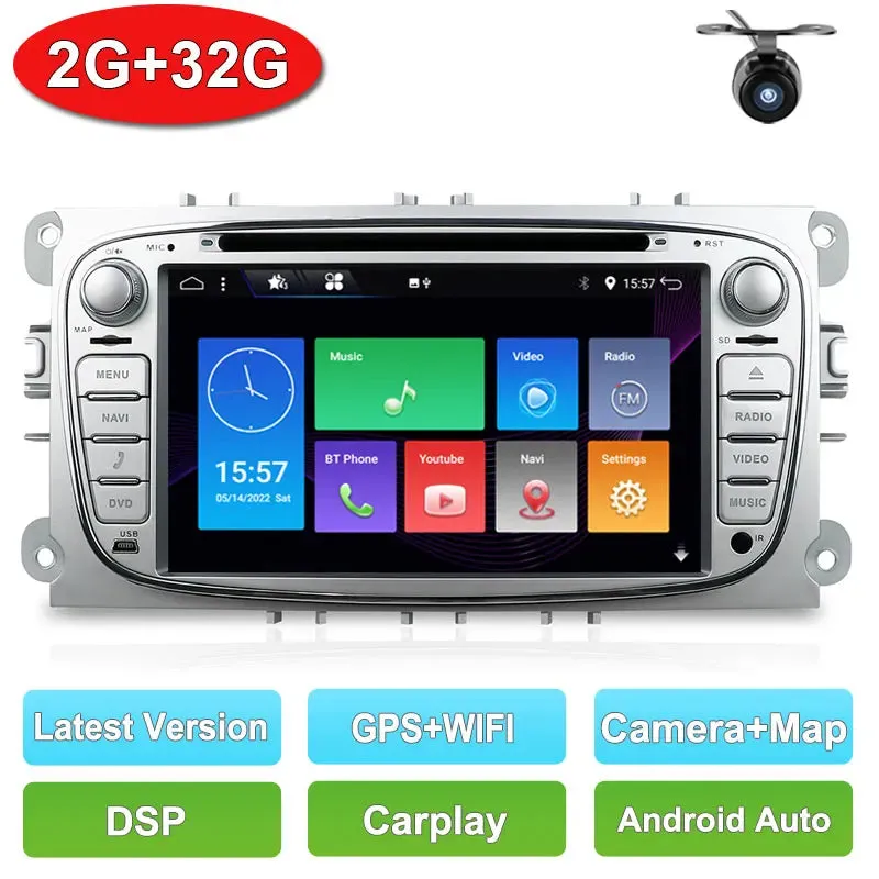 2 Din Car Stereo Radio Multimedia Player DVD Android 14.0 For Ford Focus S-Max Mondeo Galaxy C-Max Kuga GPS RDS Auto Carplay DSP