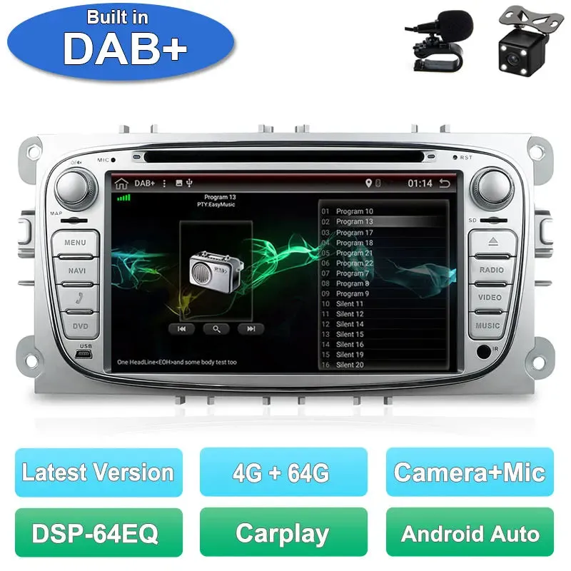 2 Din Car Stereo Radio Multimedia Player DVD Android 14.0 For Ford Focus S-Max Mondeo Galaxy C-Max Kuga GPS RDS Auto Carplay DSP