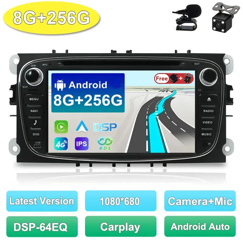 2 Din Car Stereo Radio Multimedia Player DVD Android 14.0 For Ford Focus S-Max Mondeo Galaxy C-Max Kuga GPS RDS Auto Carplay DSP