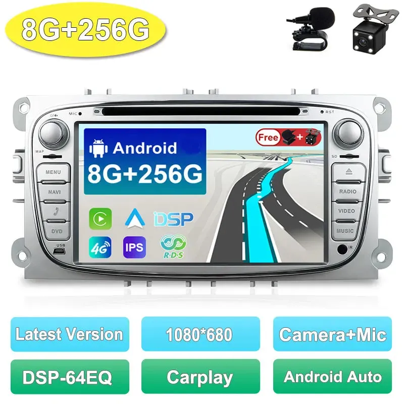 2 Din Car Stereo Radio Multimedia Player DVD Android 14.0 For Ford Focus S-Max Mondeo Galaxy C-Max Kuga GPS RDS Auto Carplay DSP