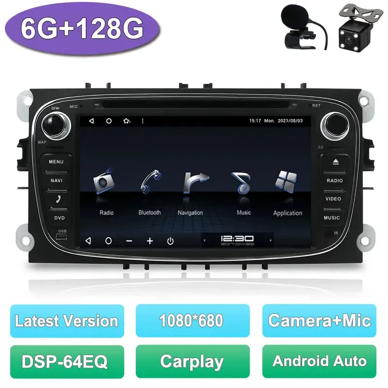2 Din Car Stereo Radio Multimedia Player DVD Android 14.0 For Ford Focus S-Max Mondeo Galaxy C-Max Kuga GPS RDS Auto Carplay DSP