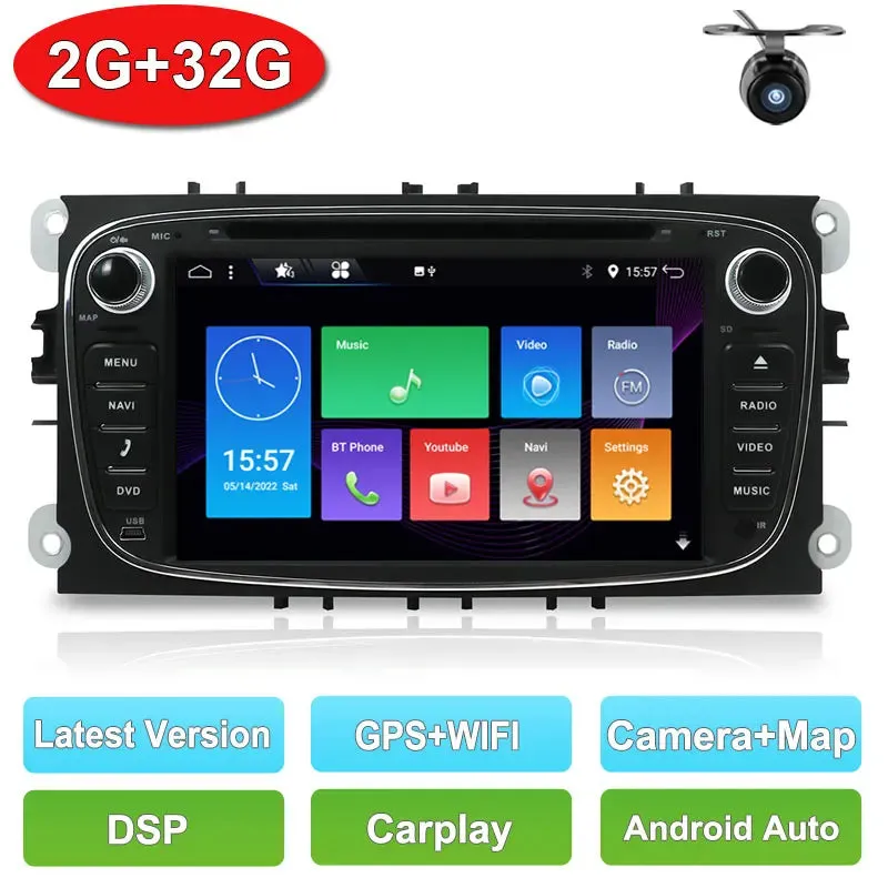 2 Din Car Stereo Radio Multimedia Player DVD Android 14.0 For Ford Focus S-Max Mondeo Galaxy C-Max Kuga GPS RDS Auto Carplay DSP