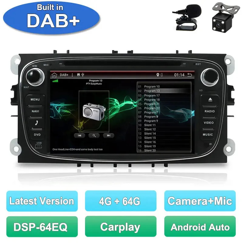 2 Din Car Stereo Radio Multimedia Player DVD Android 14.0 For Ford Focus S-Max Mondeo Galaxy C-Max Kuga GPS RDS Auto Carplay DSP