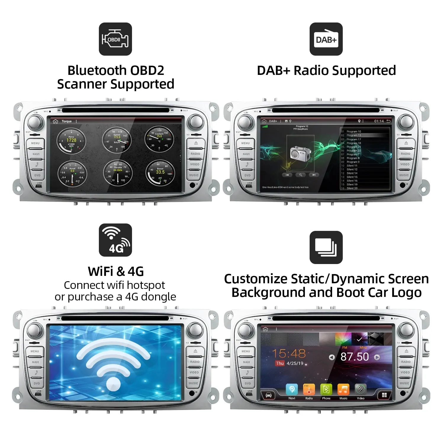 2 Din Car Stereo Radio Multimedia Player DVD Android 14.0 For Ford Focus S-Max Mondeo Galaxy C-Max Kuga GPS RDS Auto Carplay DSP