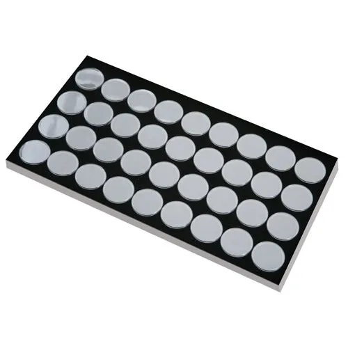 36 Acrylic 1.375" Ø Gem Jars Inserts in Foam Foam Tray Liners, 14.75" L x 8.25" W