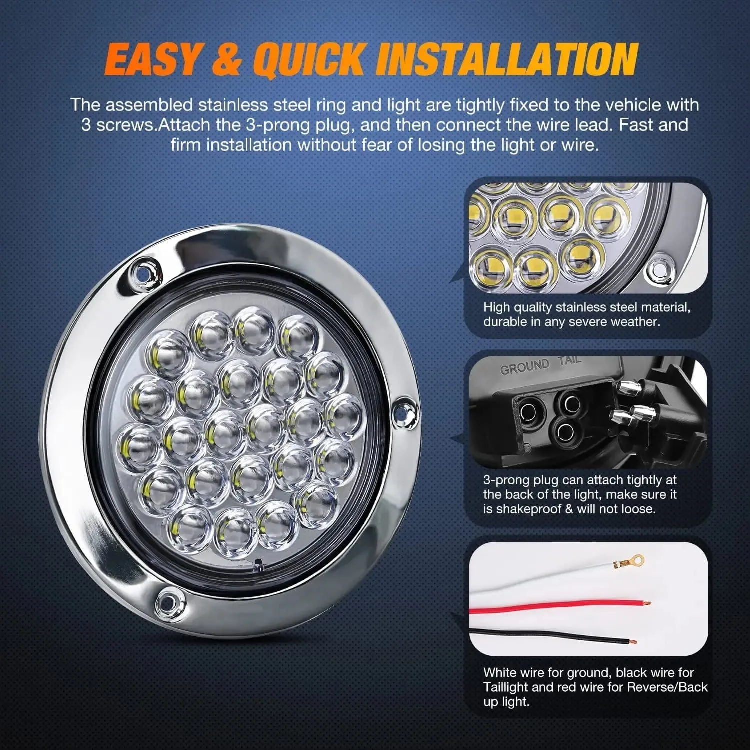 4 Inch White Round Steel Chrome 24Leds Tail Light (Pair)
