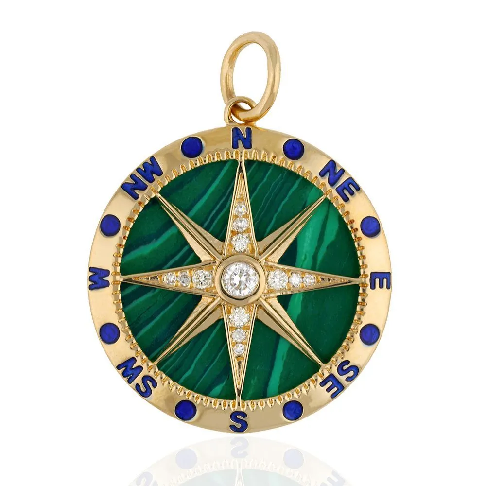 Diamond & Pink Stone Compass Star Pendant With Blue Enamel 21.50mm