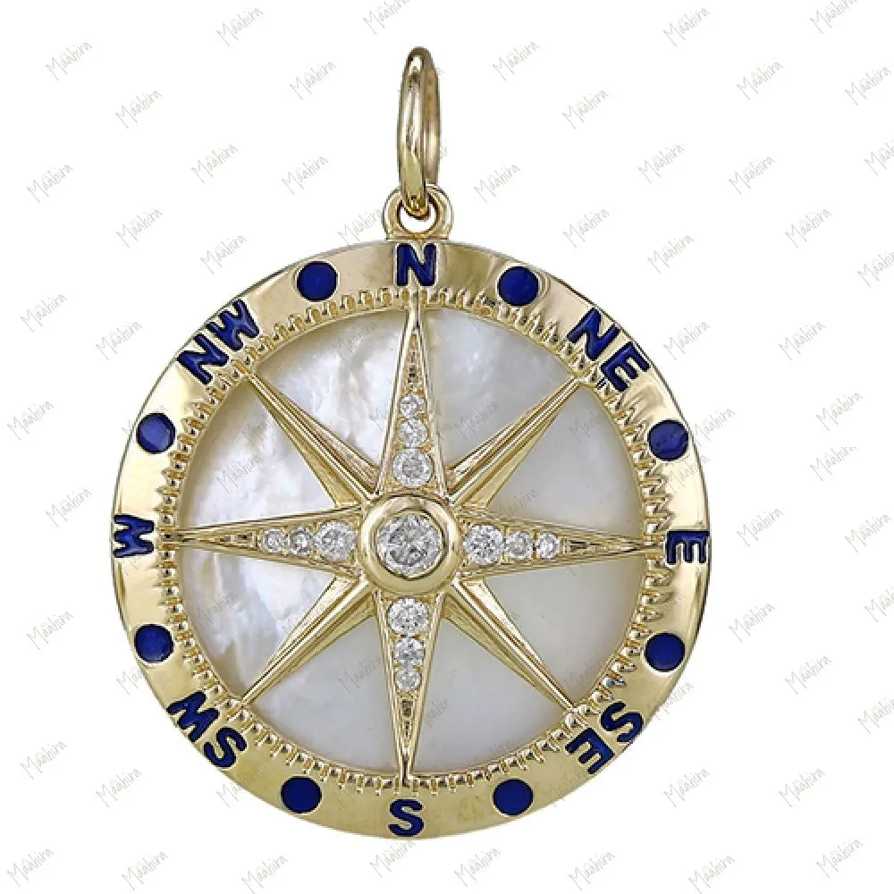 Diamond & Pink Stone Compass Star Pendant With Blue Enamel 21.50mm
