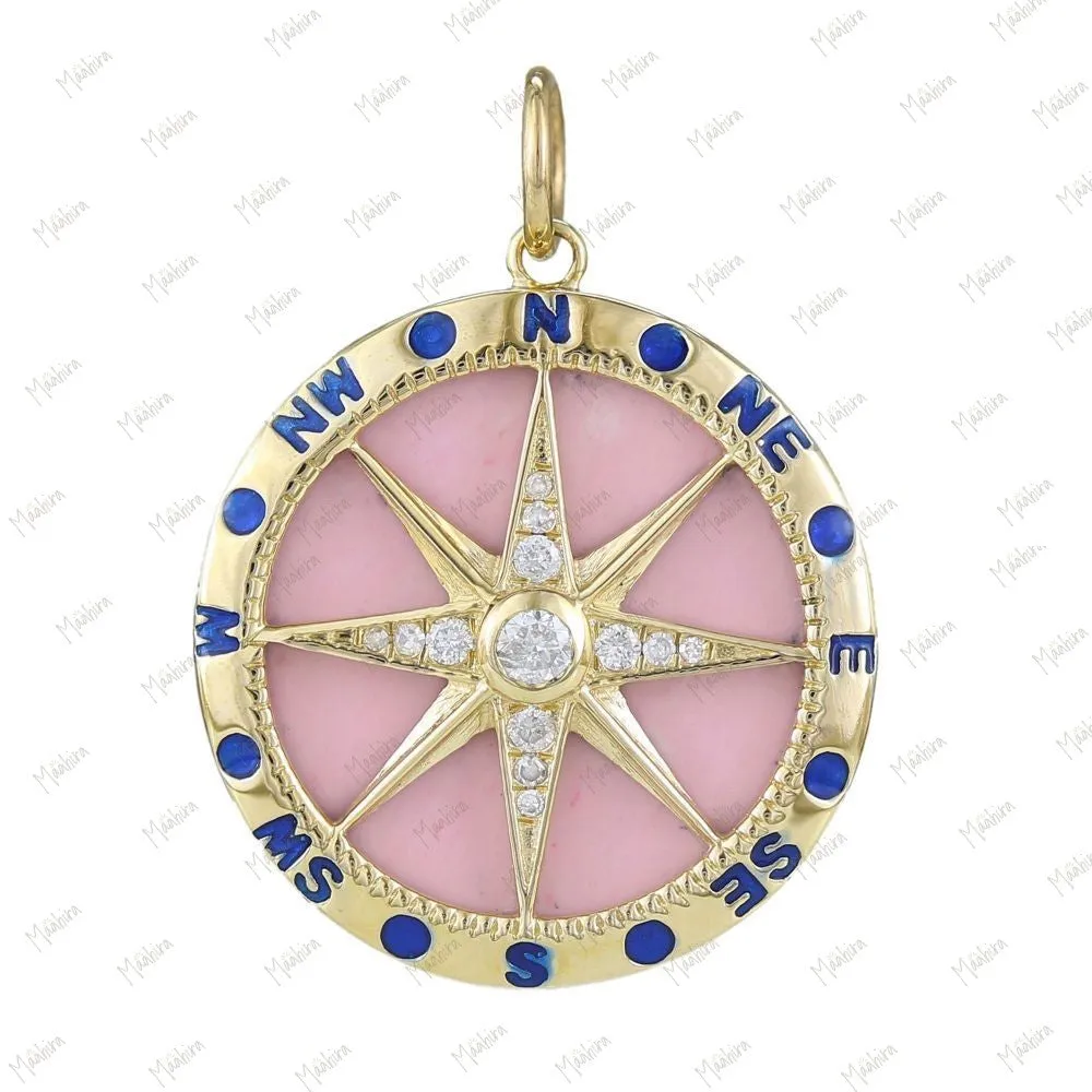 Diamond & Pink Stone Compass Star Pendant With Blue Enamel 21.50mm