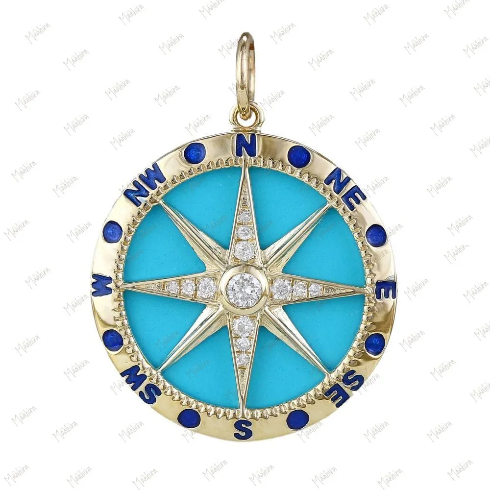 Diamond & Pink Stone Compass Star Pendant With Blue Enamel 21.50mm