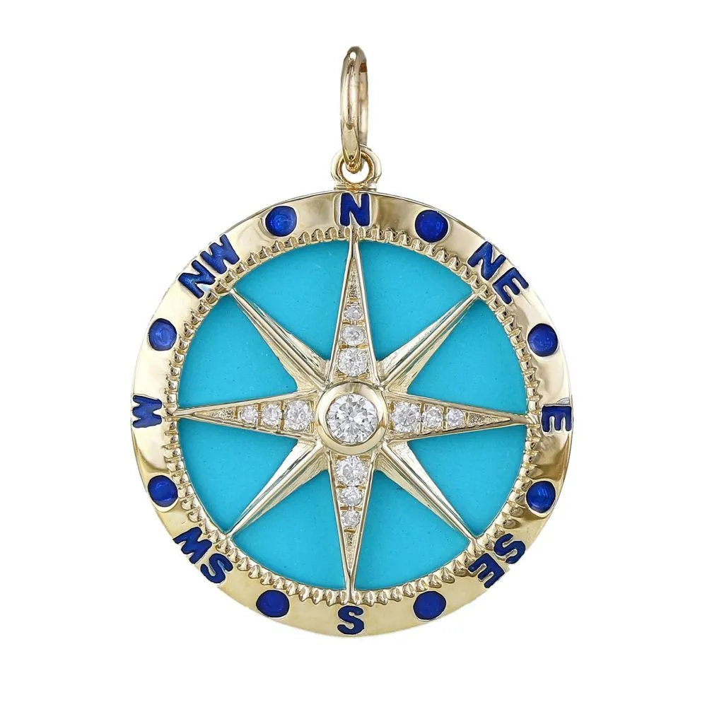 Diamond & Pink Stone Compass Star Pendant With Blue Enamel 21.50mm