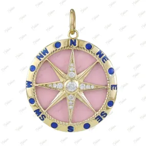 Diamond & Pink Stone Compass Star Pendant With Blue Enamel 21.50mm