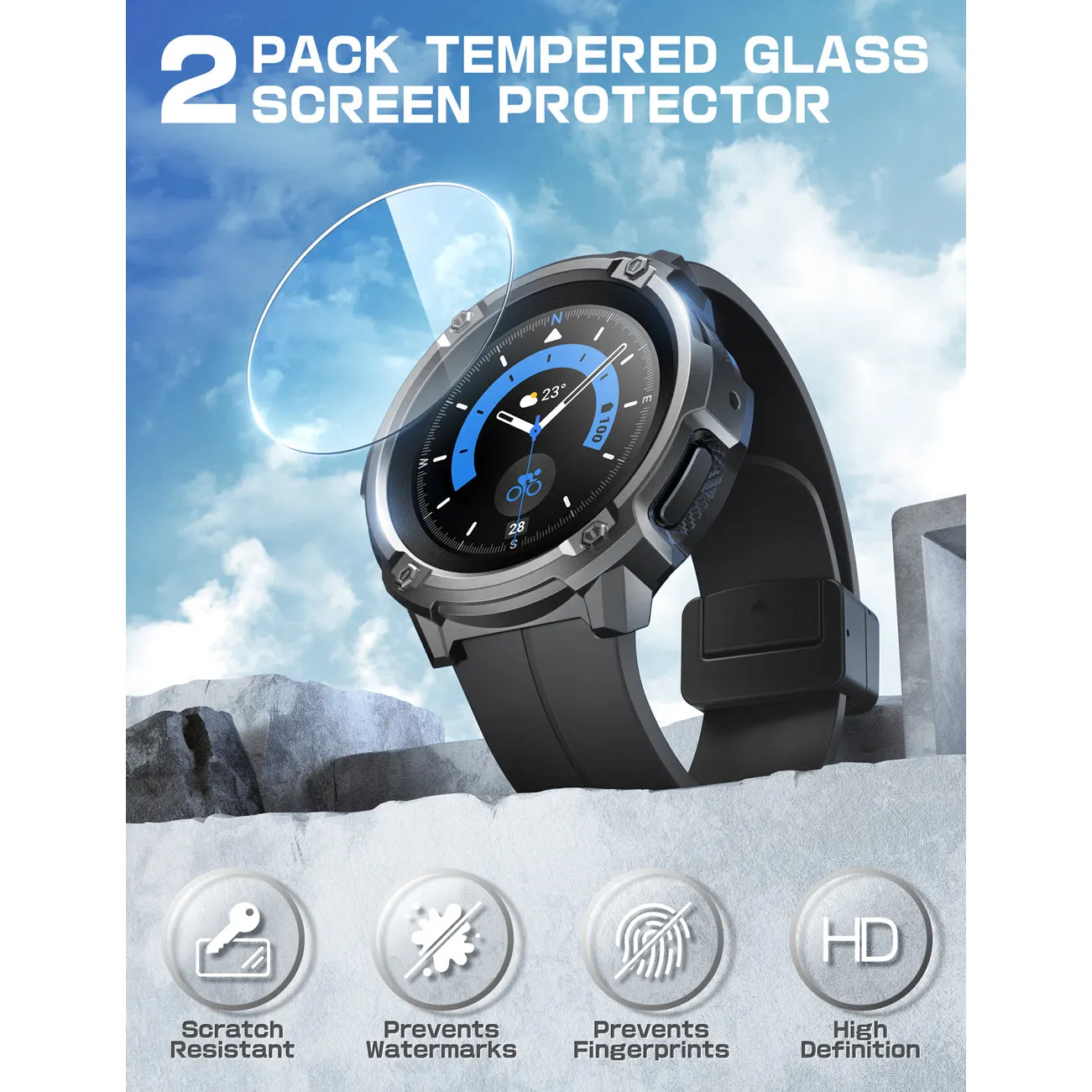 Galaxy Watch5 Pro 45mm Unicorn Beetle Rugged Case with Glass Screen Protectors-Black