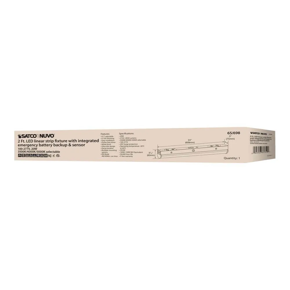 LED 2-ft Linear Strip Light 20W White Finish CCT Tunable 100-277V EM & Sensor