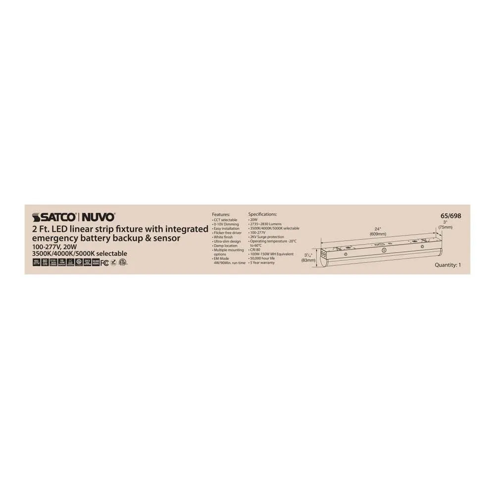 LED 2-ft Linear Strip Light 20W White Finish CCT Tunable 100-277V EM & Sensor