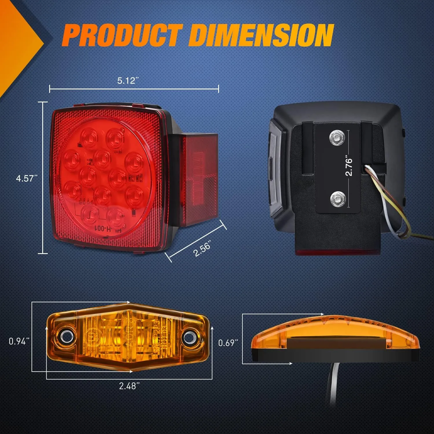 LED Trailer Light Kit Square Stop Turn Tail Light Red Amber Side Marker Light Third Brake ID Light Bar