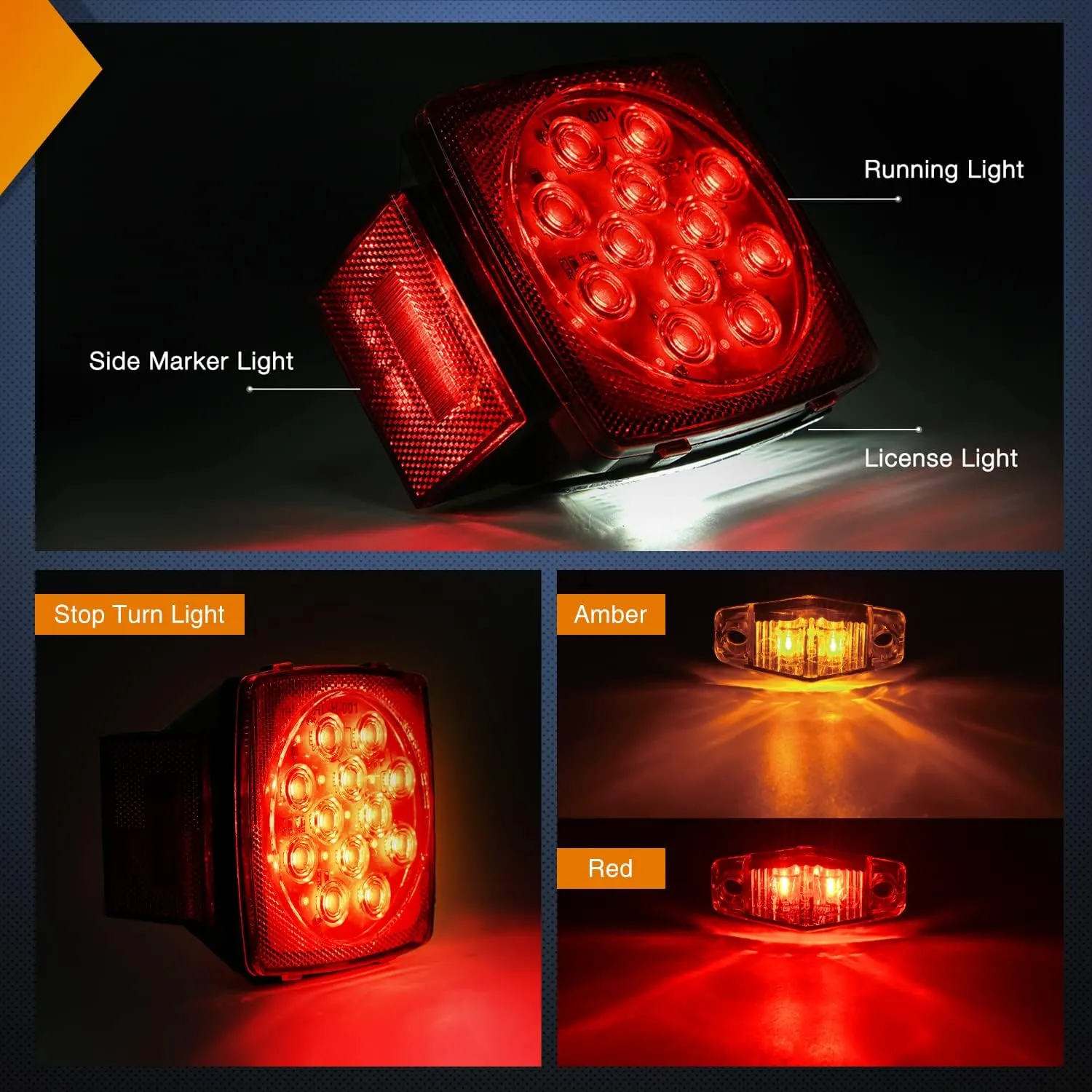 LED Trailer Light Kit Square Stop Turn Tail Light Red Amber Side Marker Light Third Brake ID Light Bar