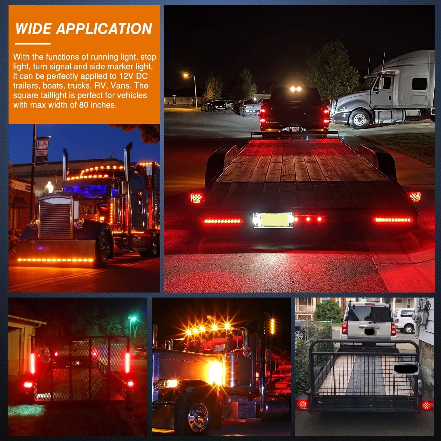 LED Trailer Light Kit Square Stop Turn Tail Light Red Amber Side Marker Light Third Brake ID Light Bar