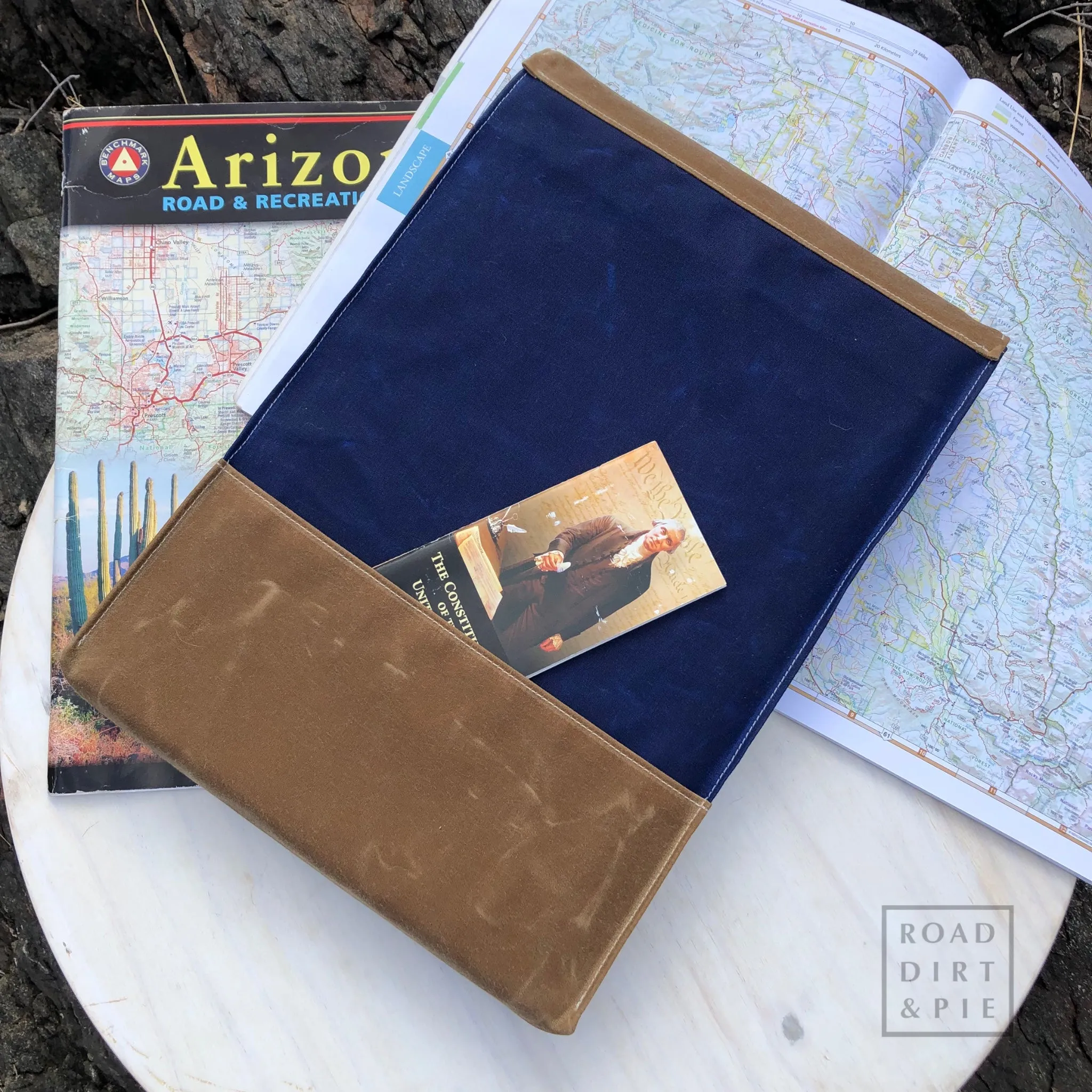 Overland Map Bag, Blue and Caramel Waxed Canvas