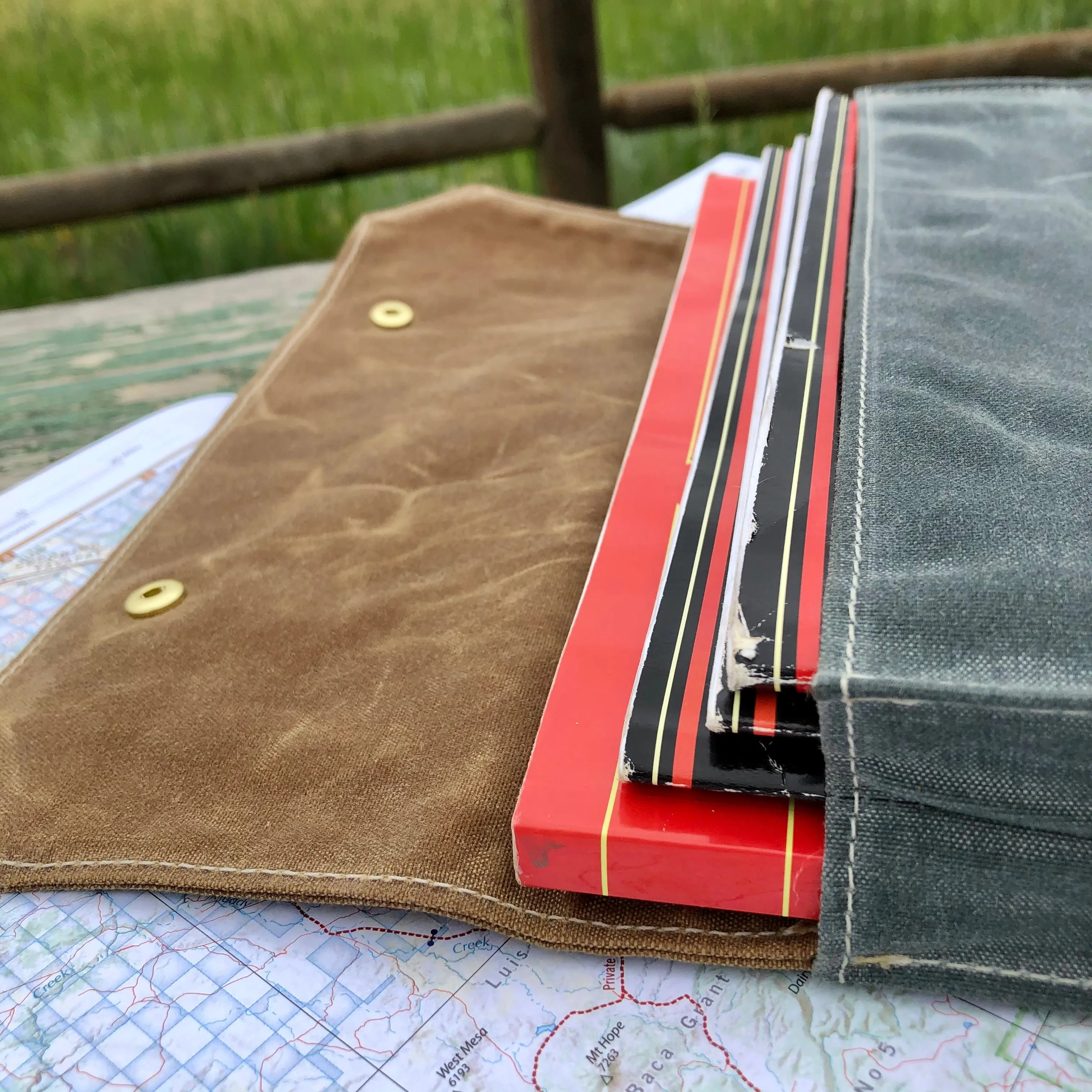 Overland Map Bag, Charcoal Gray and Caramel Waxed Canvas