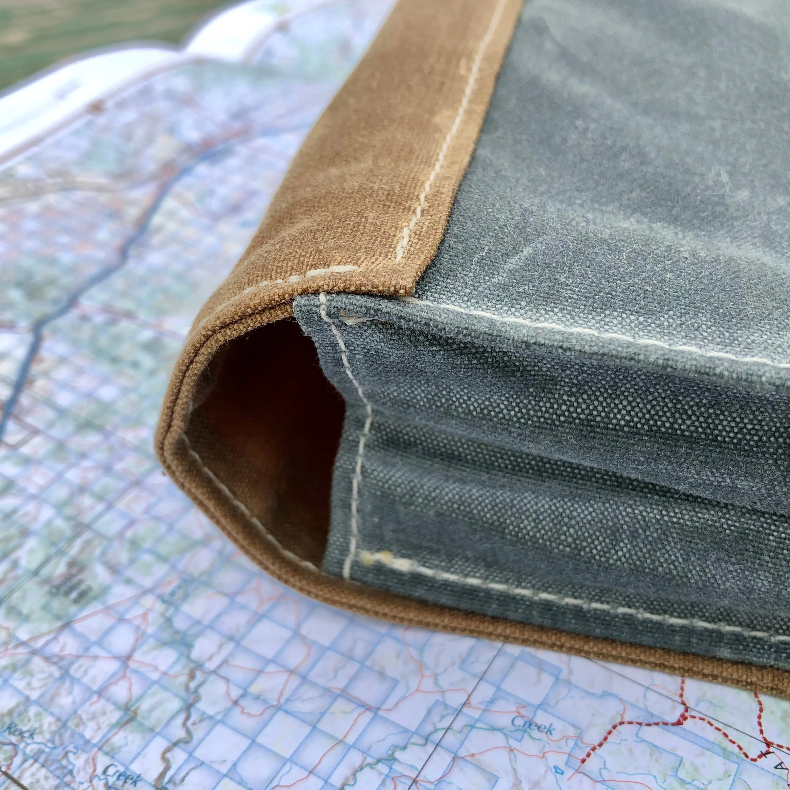 Overland Map Bag, Charcoal Gray and Caramel Waxed Canvas