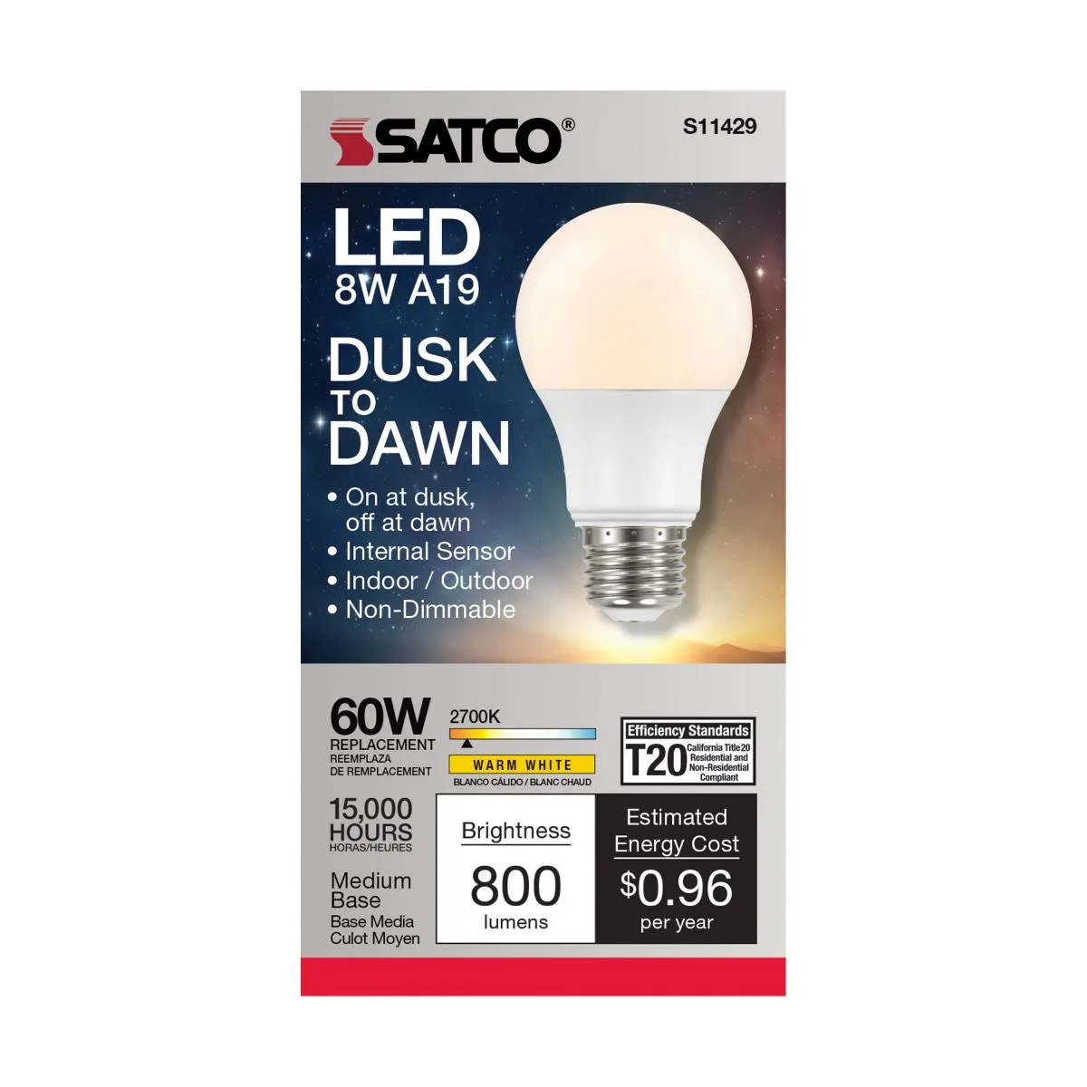 Satco S11429 8A19/DUSK/DAWN/LED/27K  8.5 Watt A19 LED Dusk to Dawn Bulb 2700K